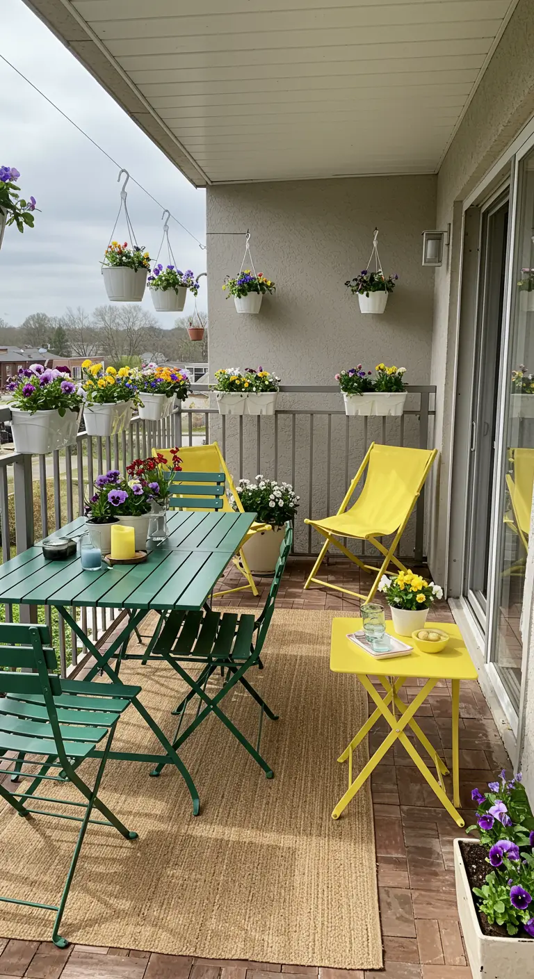 Long balcon avec ensembles bistrot verts et jaunes, grand tapis en jute, nombreuses plantes fleuries.