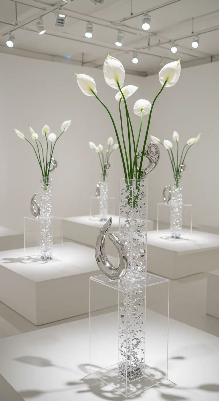 Centres de table modernes avec arums blancs, éléments argentés et vases colonnes transparents remplis de billes scintillantes.