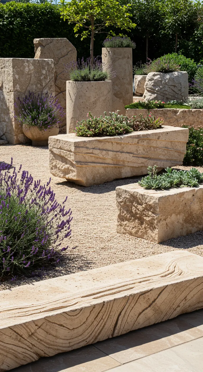 Jardin moderne avec sculptures de pierre, lavande et plantes grasses sur gravier clair.