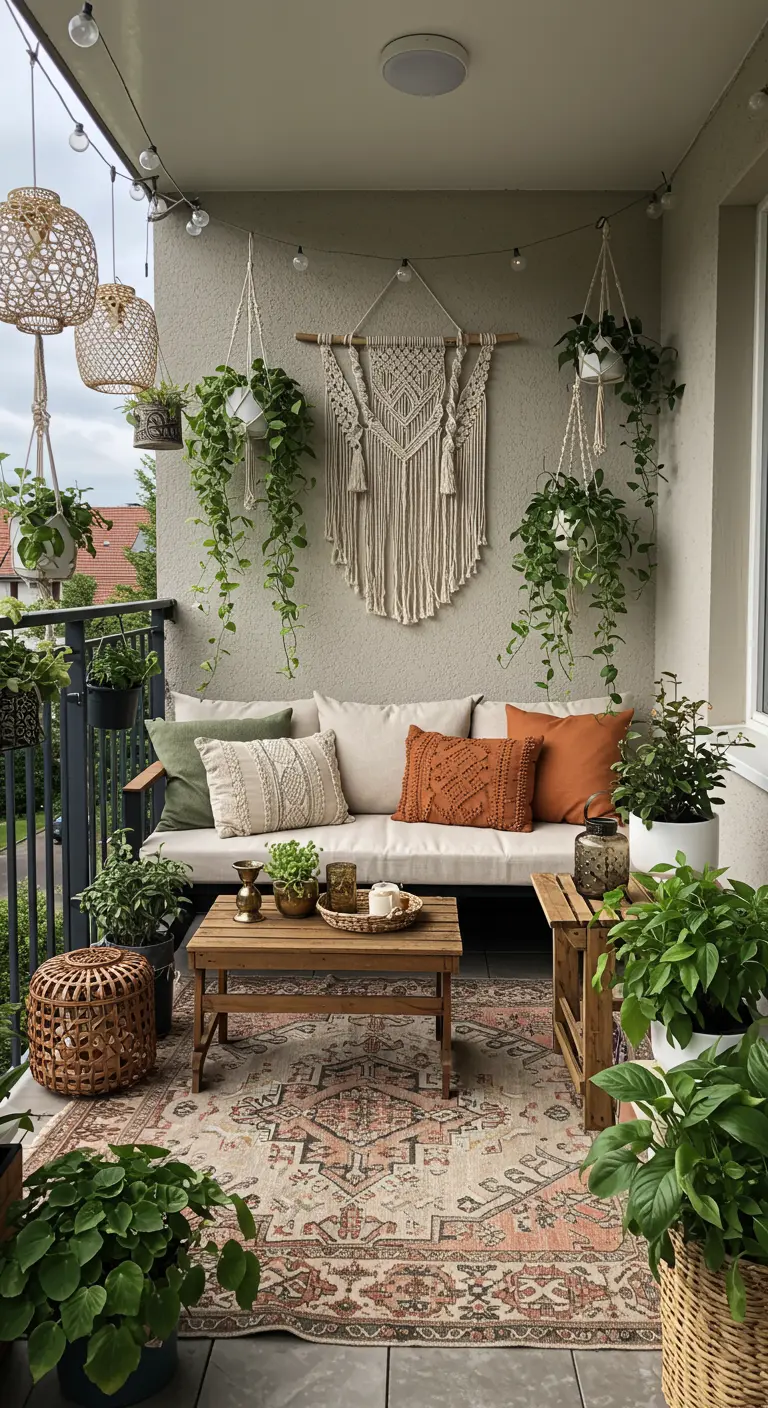 Balcon avec canapé, nombreux coussins, macramé, plantes diverses et tapis d'extérieur