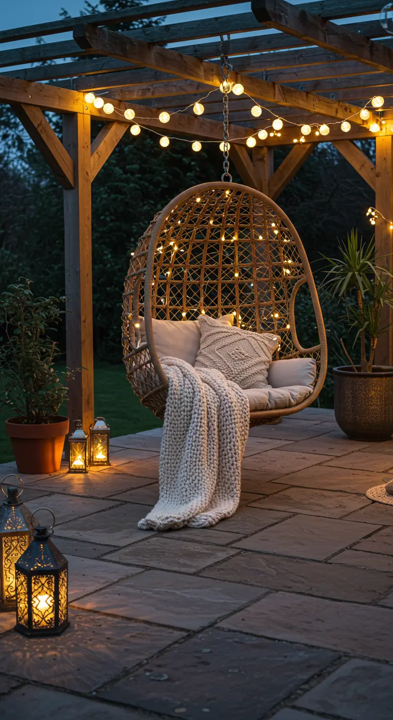 Fauteuil œuf suspendu sous une pergola en bois, éclairé par des guirlandes et des lanternes.