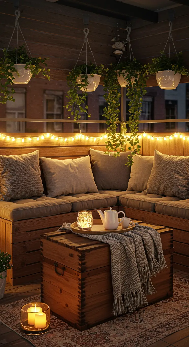 Balcon cosy avec banquette en bois à rangement, coffre-table, plantes suspendues.
