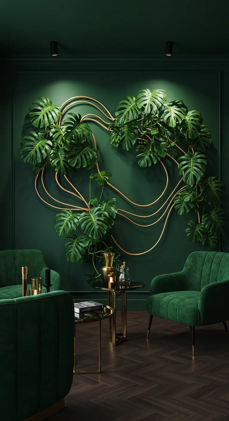 Monstera grimpant sur une structure de tuyaux dorés sur un mur vert foncé, ambiance feutrée.