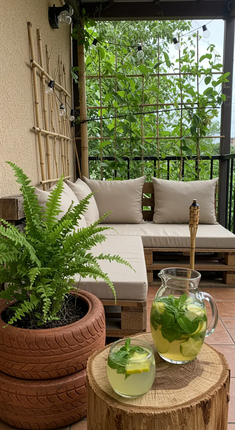 Balcon DIY avec canapé palettes, fougère en pot, treillis bambou et boisson citronnée.