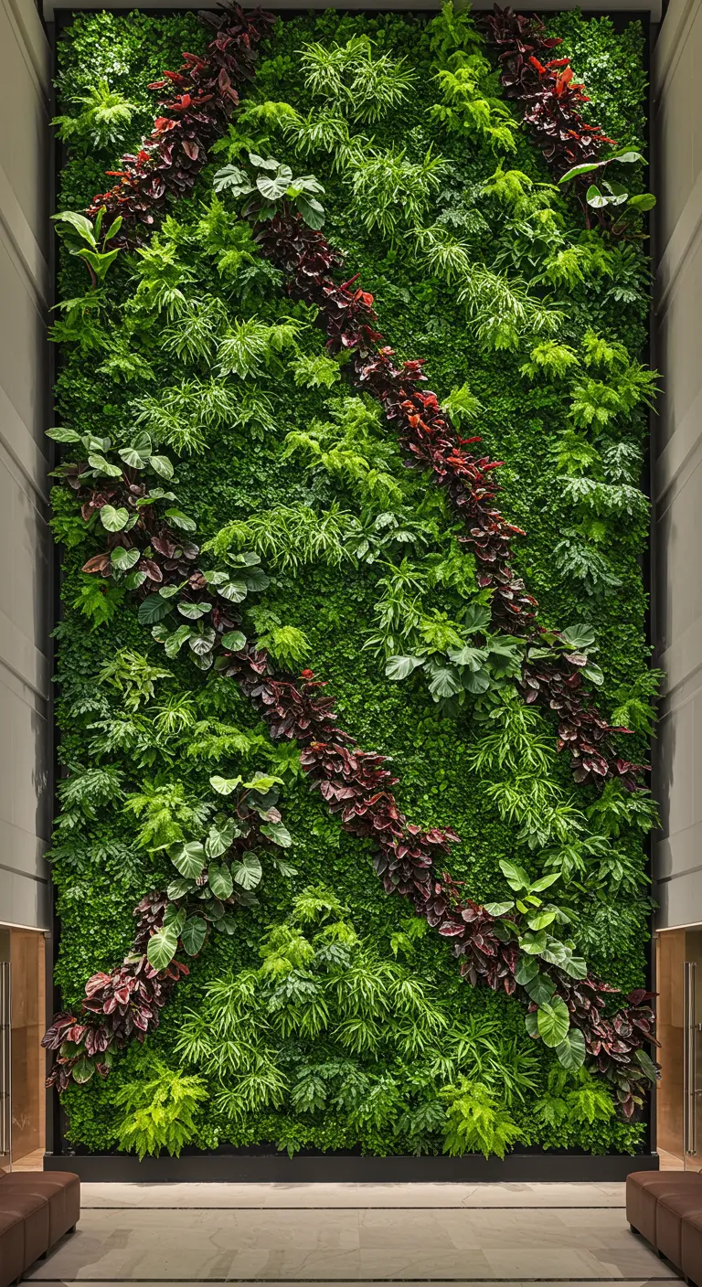 Mur végétal intérieur haut avec des bandes diagonales de plantes rouges sur fond vert luxuriant.