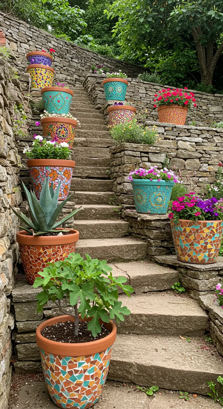 Escaliers en pierre décorés de pots mosaïque colorés contenant des succulentes, des fleurs et un figuier.