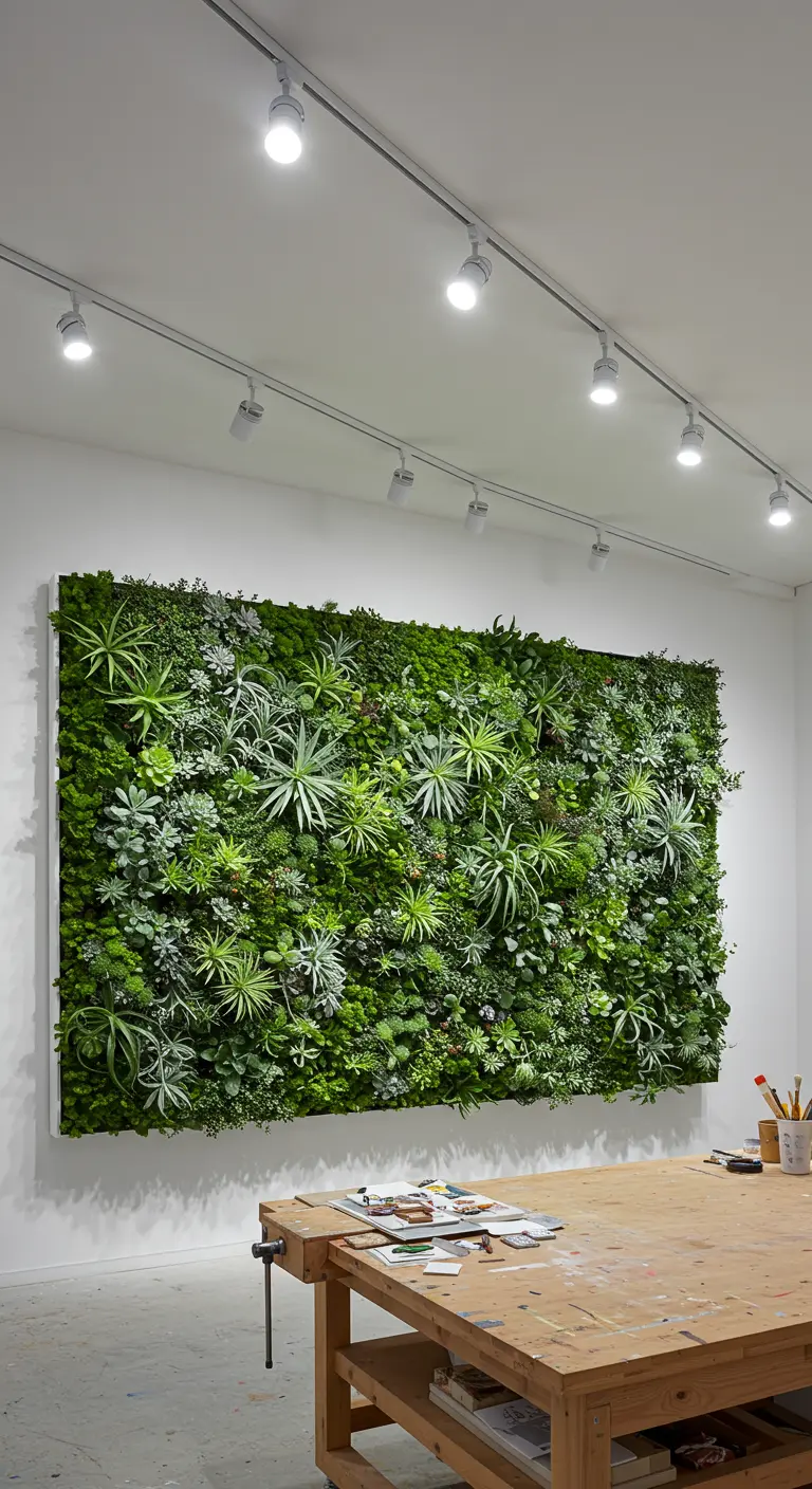 Grand mur végétal intérieur avec succulentes, éclairage sur rail et établi en bois.