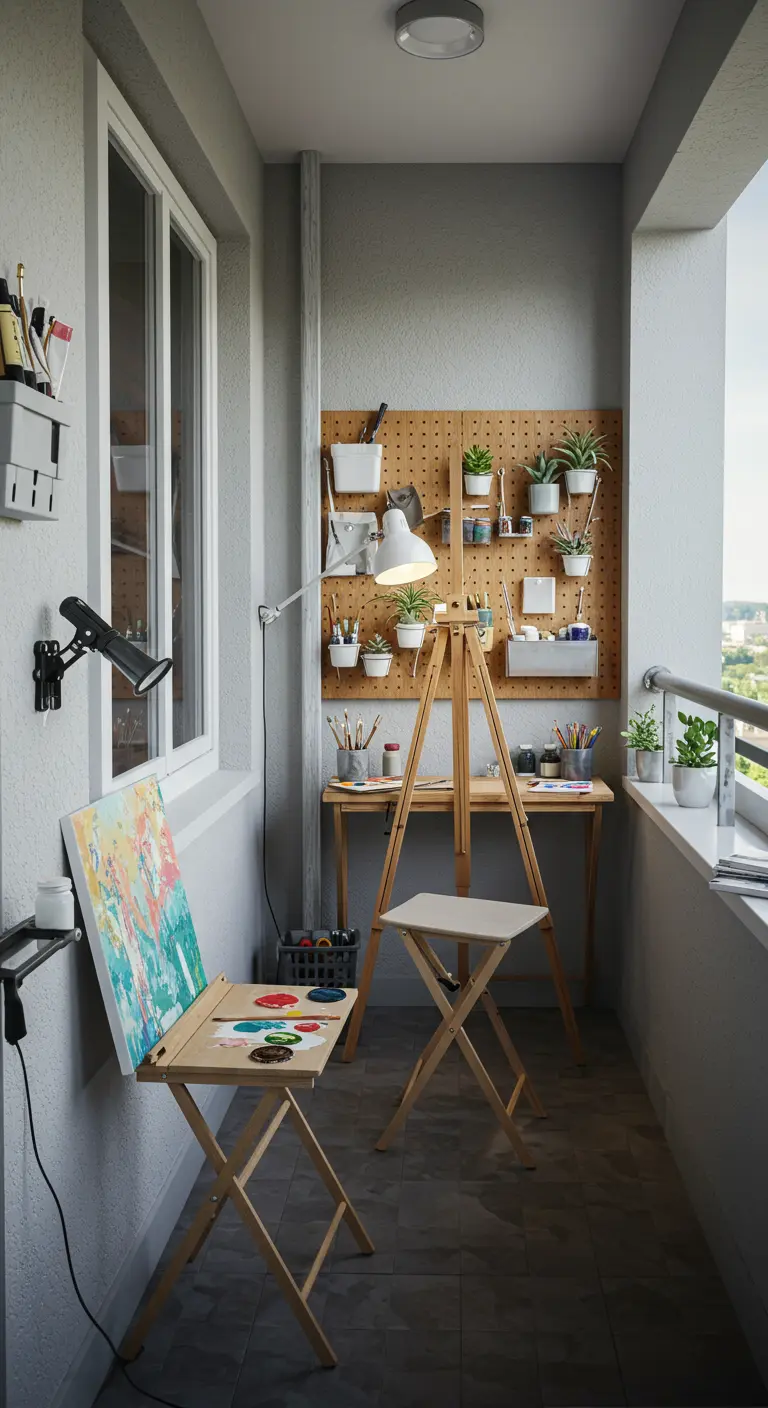 Balcon transformé en atelier d'artiste avec chevalet, tableau perforé et outils.