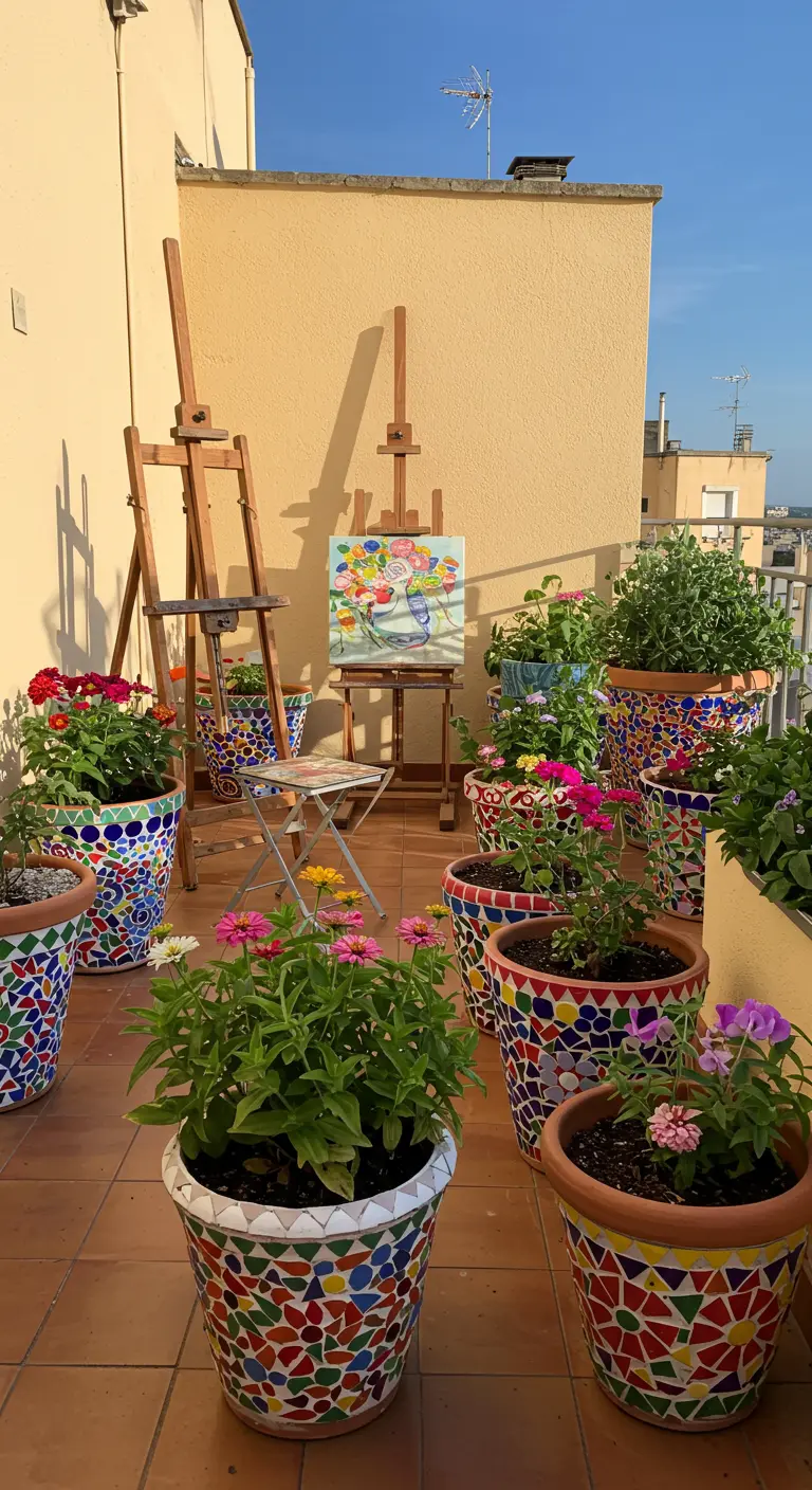 Terrasse sur le toit, chevalets de peinture, nombreux pots mosaïque multicolores avec des fleurs.