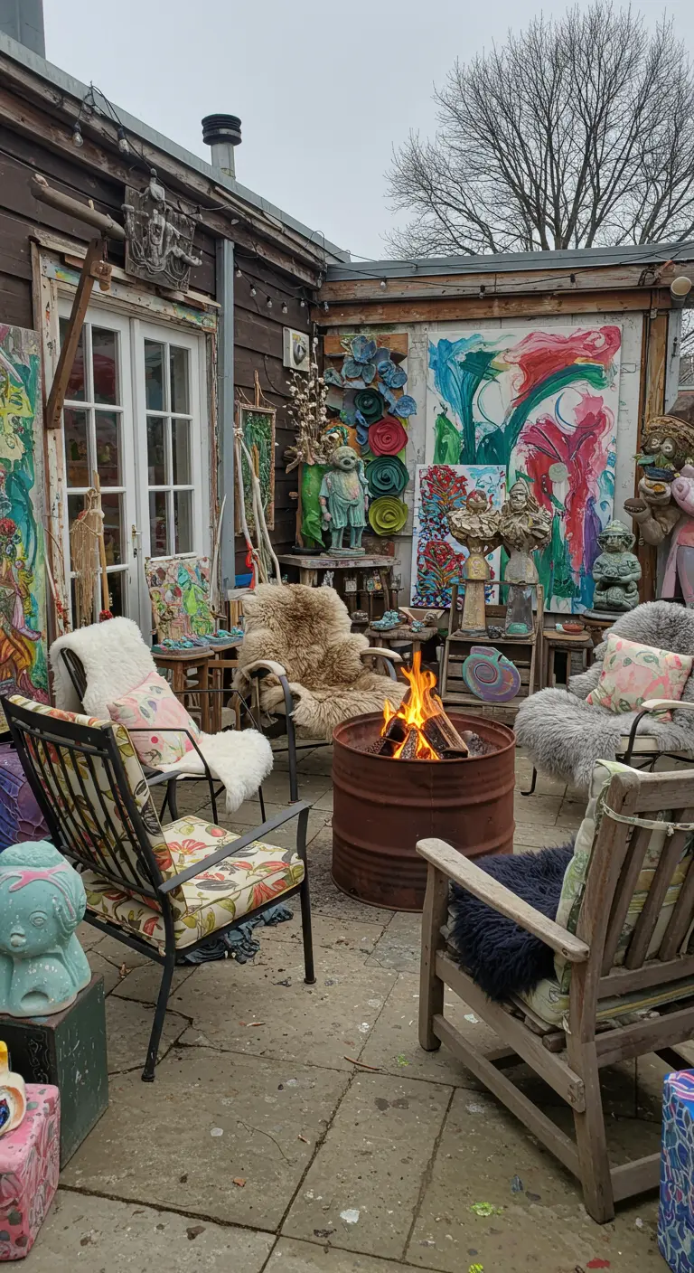 Patio éclectique avec brasero en baril, chaises variées en fausse fourrure et œuvres d'art colorées.