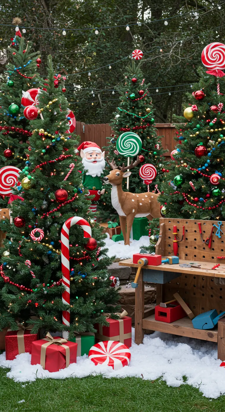 Jardin décoré comme l'atelier du Père Noël avec sapins, bonhommes, établi et cadeaux.