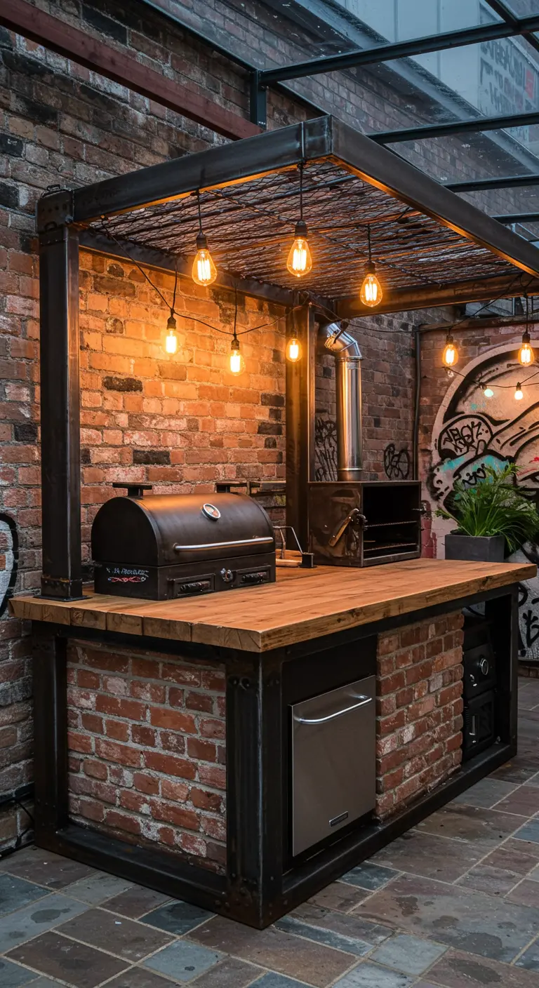 Cuisine extérieure industrielle en briques et métal avec barbecue, four à bois, comptoir en bois et éclairage vintage.
