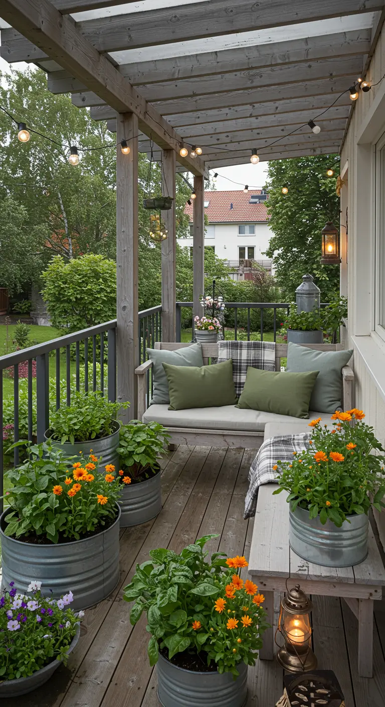 Terrasse champêtre avec banc en bois, plaids, bacs en zinc et fleurs orange.