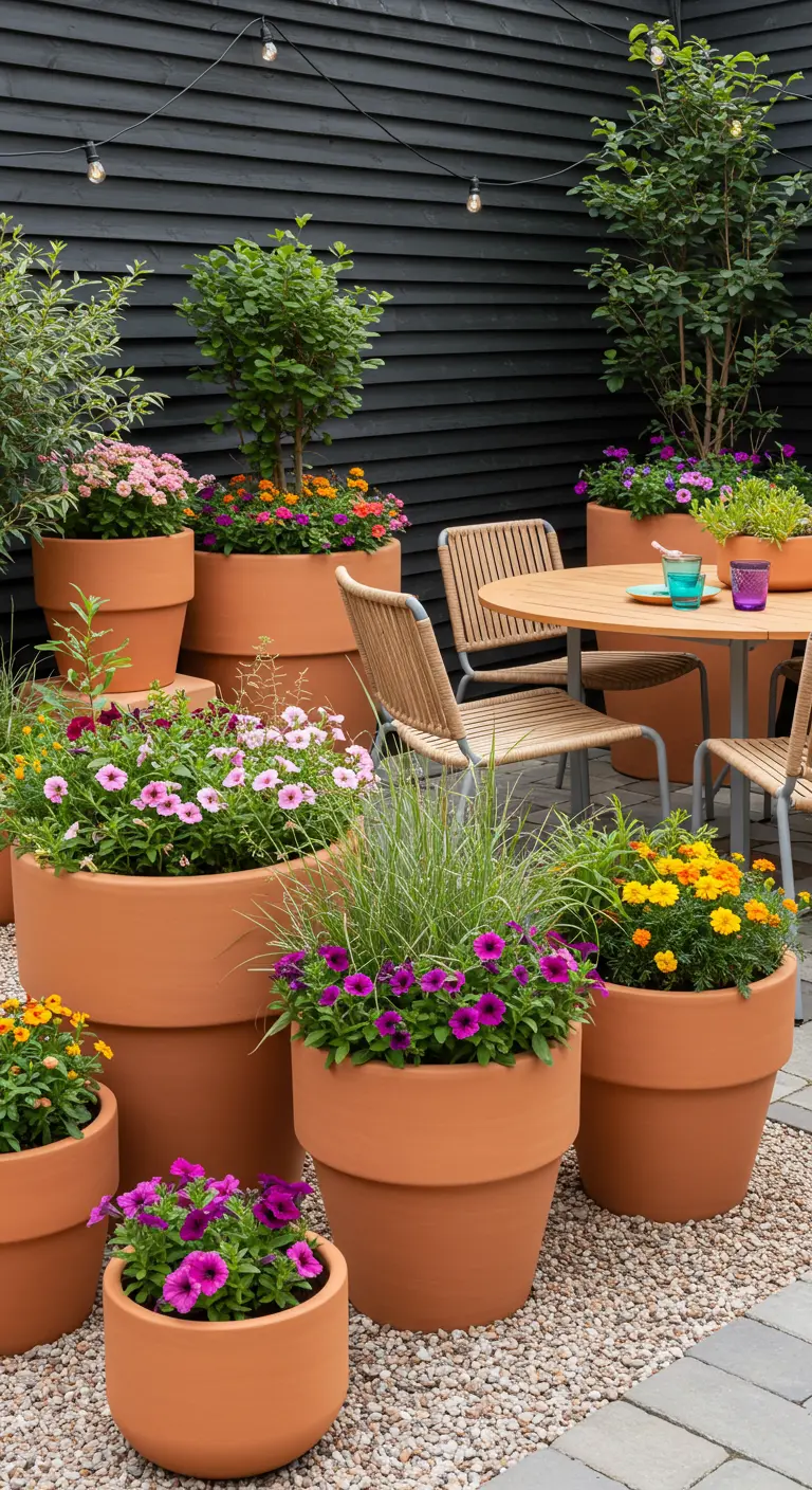Patio extérieur avec de nombreux pots en terre cuite de tailles variées et plantes fleuries.