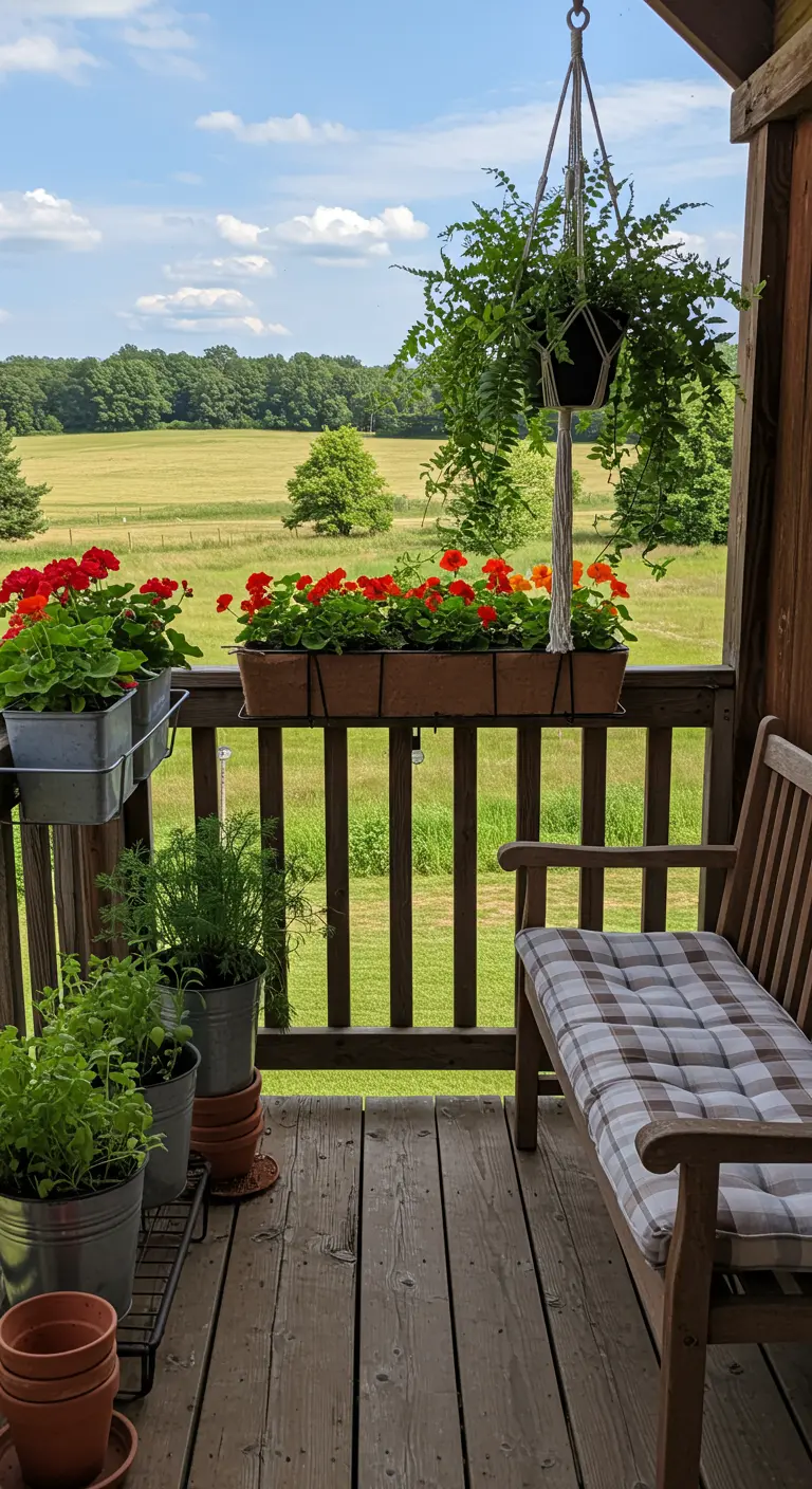 Porche en bois avec géraniums rouges, fougère suspendue et herbes aromatiques en seaux.