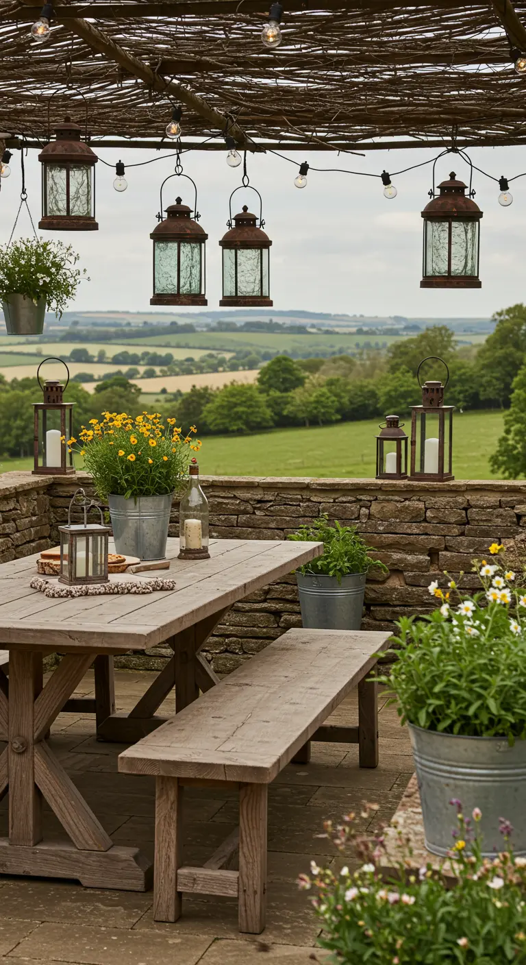 Terrasse rustique avec table en bois, bancs, et lanternes en fer forgé suspendues, vue sur la campagne.