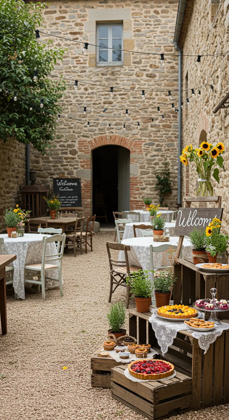 Cour de ferme en pierre avec buffet de desserts sur caisses en bois, tournesols en vase et guirlandes lumineuses.