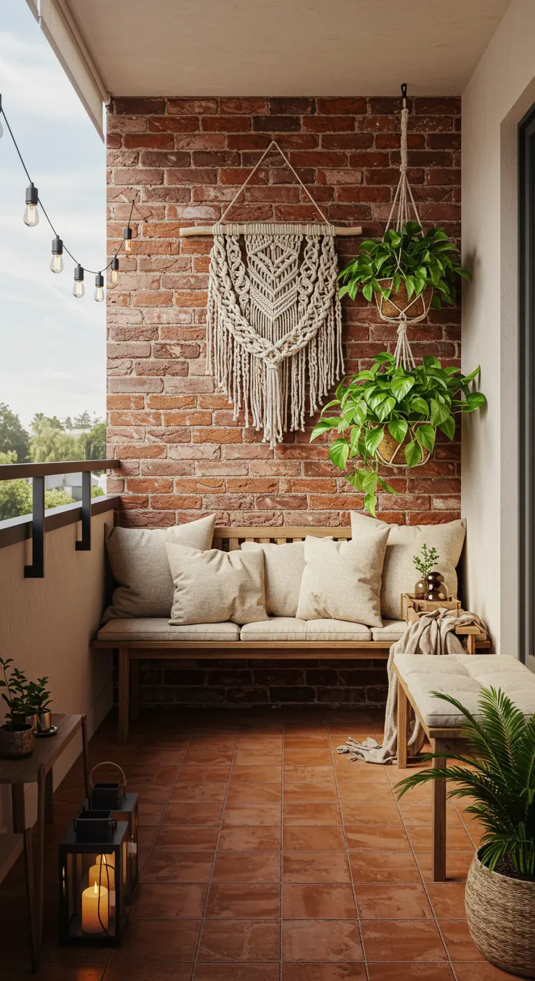 Balcon avec sol en terre cuite, banc en bois, macramé mural et plantes suspendues.