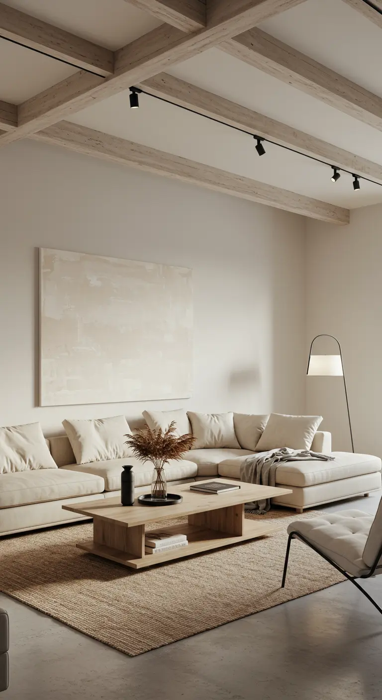 Salon avec poutres apparentes bois clair, canapé d'angle crème, tapis jute, spots.