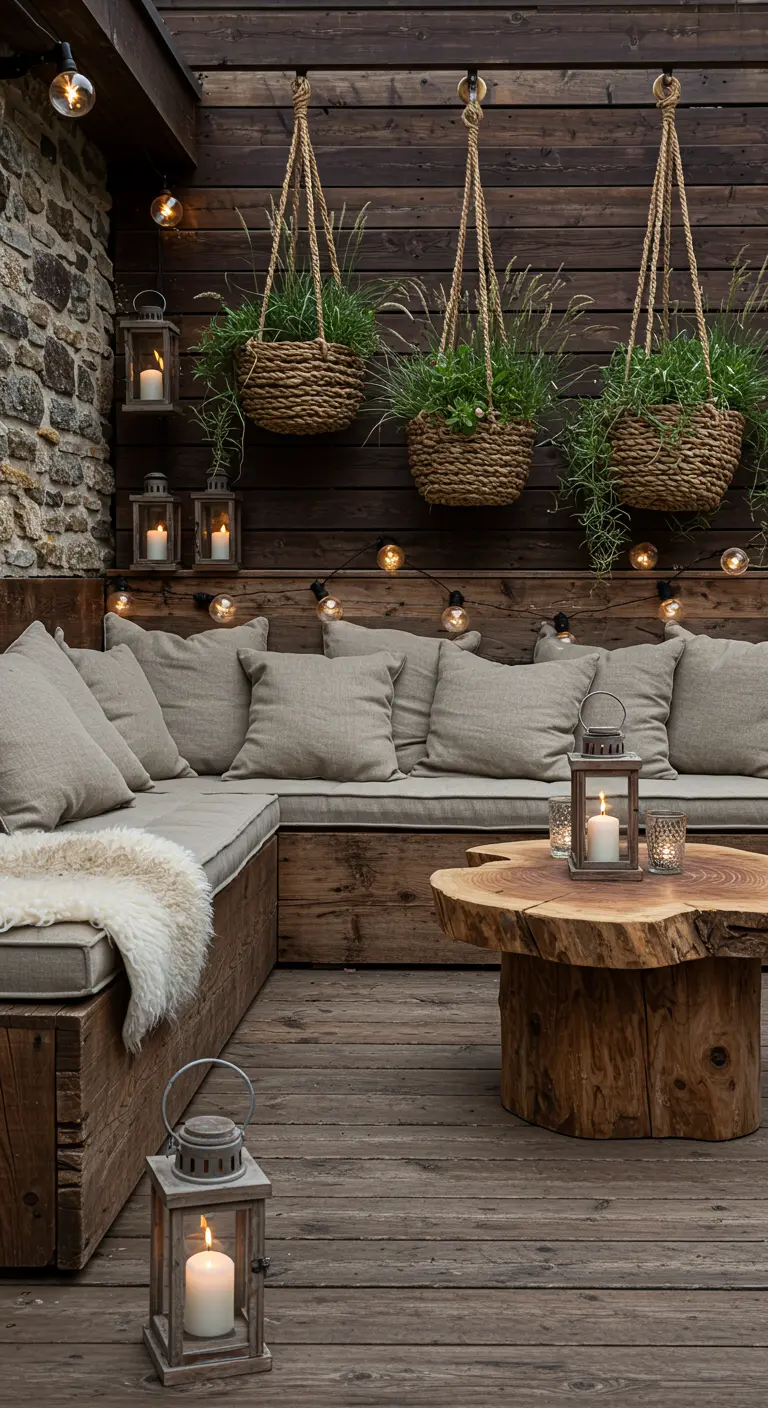 Patio rustique avec banquette en bois brut, coussins clairs, paniers suspendus, lanternes et table rondin de bois.