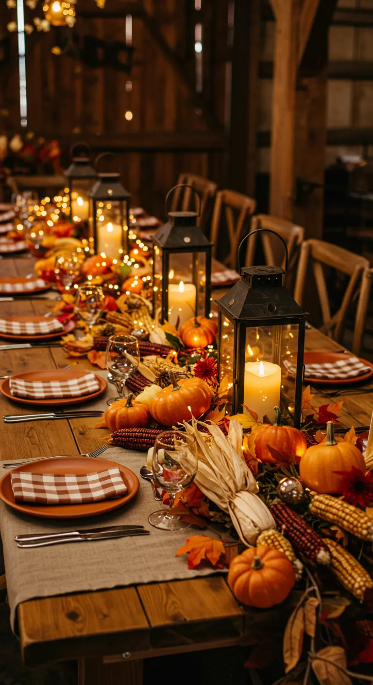 Table rustique avec chemin de table automnal, citrouilles, lanternes noires et guirlandes lumineuses.