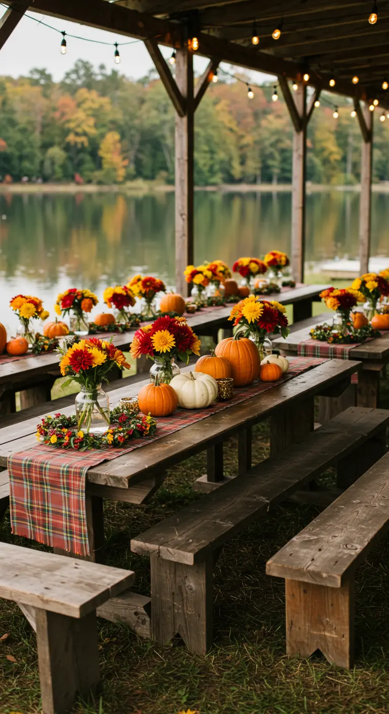 Tables de mariage automnales au bord du lac avec couronnes de feuillage, citrouilles et chrysanthèmes.