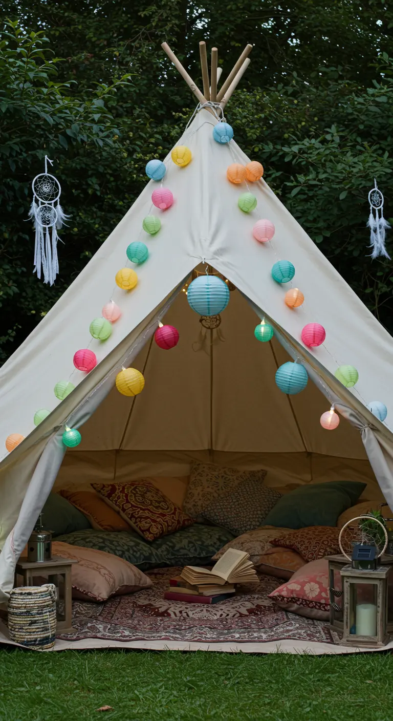 Tipi de jardin avec des guirlandes de lampions colorés et des coussins moelleux.
