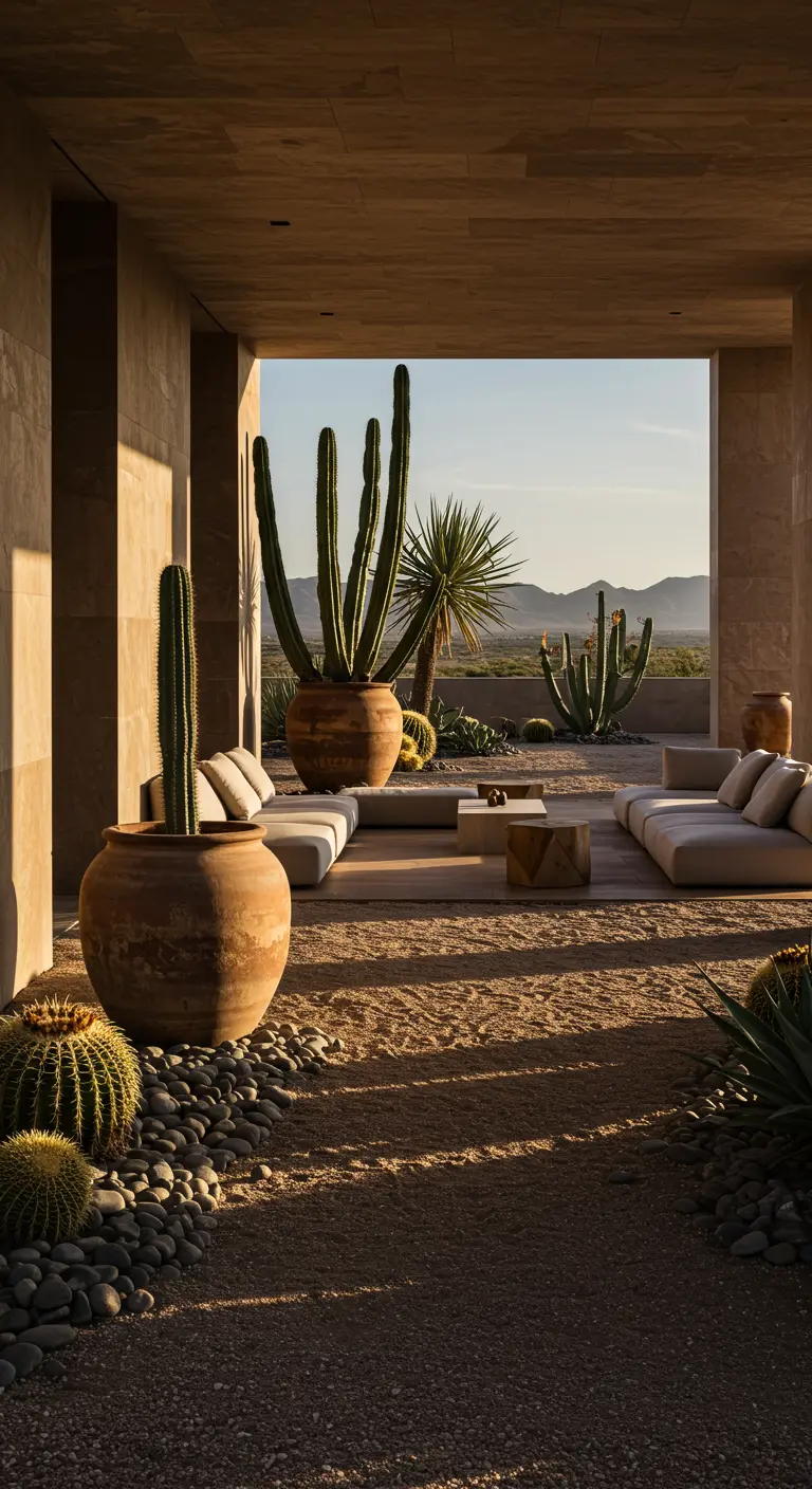 Grand jardin désertique avec énormes pots en terre cuite, cactus géants et mobilier minimaliste.
