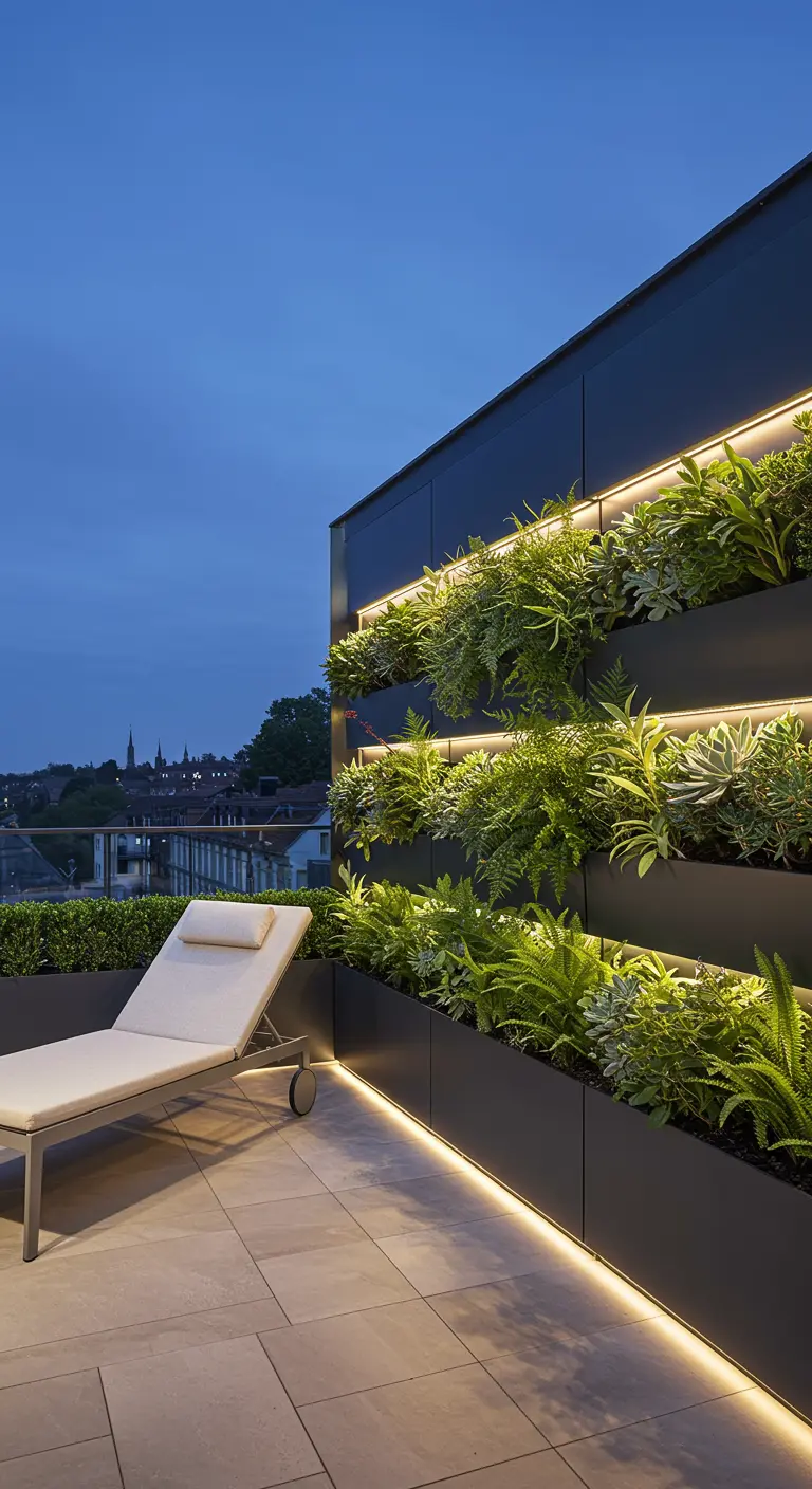 Terrasse moderne avec jardinières murales linéaires éclairées par LED.