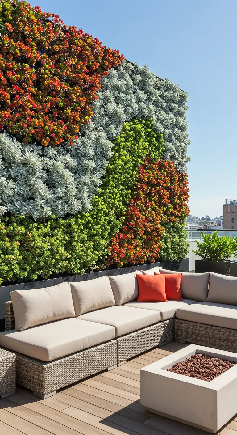 Mur végétal abstrait sur un toit-terrasse avec de grands blocs de plantes orange, argentées et vertes.