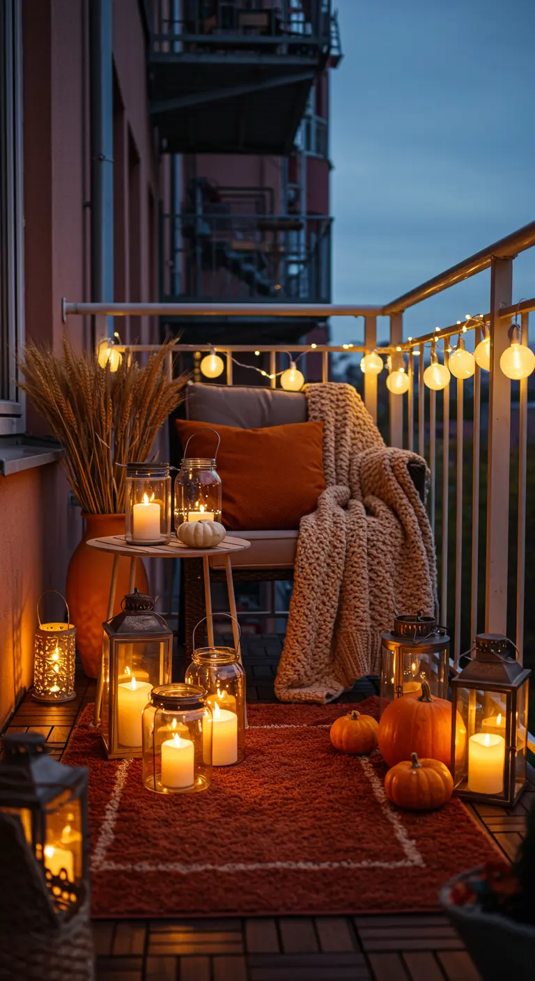 Balcon automnal avec tapis rouille, lanternes éclairées, citrouilles et plaid sur une chaise.