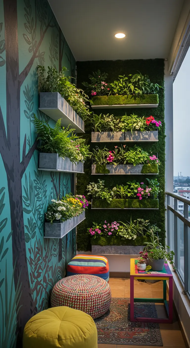 Balcon coloré avec fresque murale, étagères de plantes et poufs lumineux.