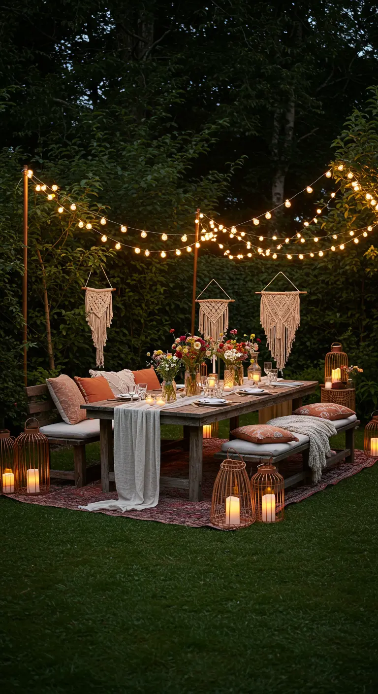 Salle à manger extérieure bohème avec guirlandes lumineuses, lanternes et macramés dans un jardin.