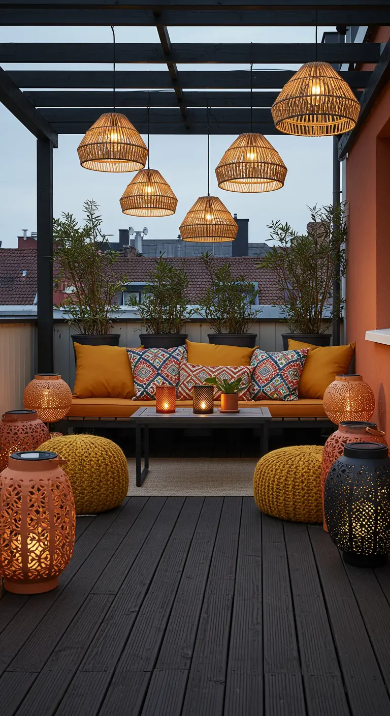 Terrasse moderne avec parquet foncé, suspensions coniques en rotin, poufs jaunes et lanternes ajourées.