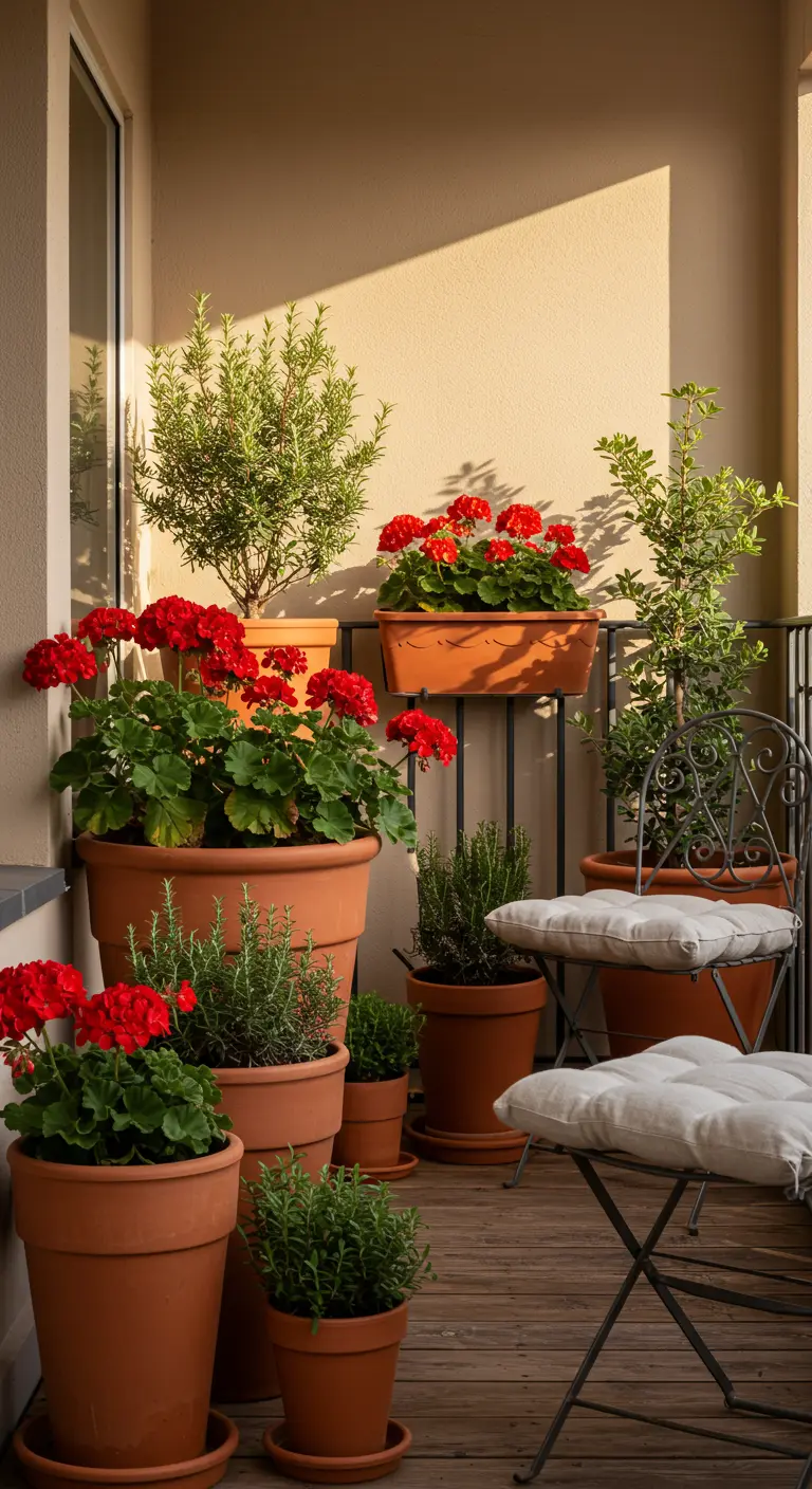 Pots en terre cuite de tailles variées avec géraniums rouges et romarin sur un balcon ensoleillé.