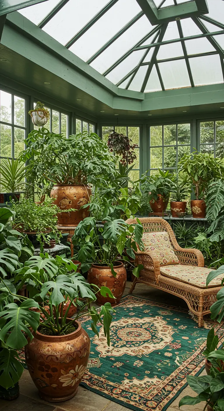 Véranda luxuriante avec plantes tropicales, pots en cuivre, chaise longue rotin et tapis oriental.