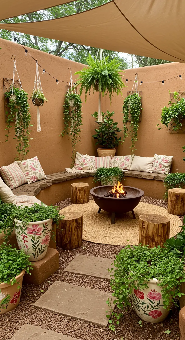 Coin jardin avec brasero, bancs, coussins fleuris, rondins de bois et plantes suspendues.