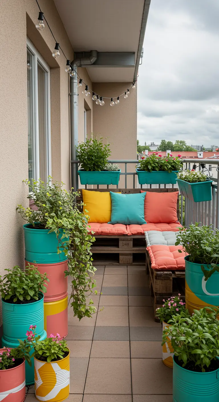Balcon aménagé avec des pots recyclés peints en turquoise, jaune et corail, empilés et décorés.