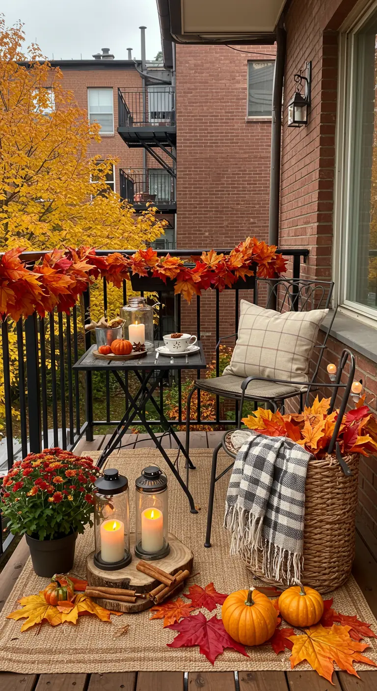 Balcon décoré pour l'automne avec guirlande de feuilles, lanternes, bougies, citrouilles et plaid.