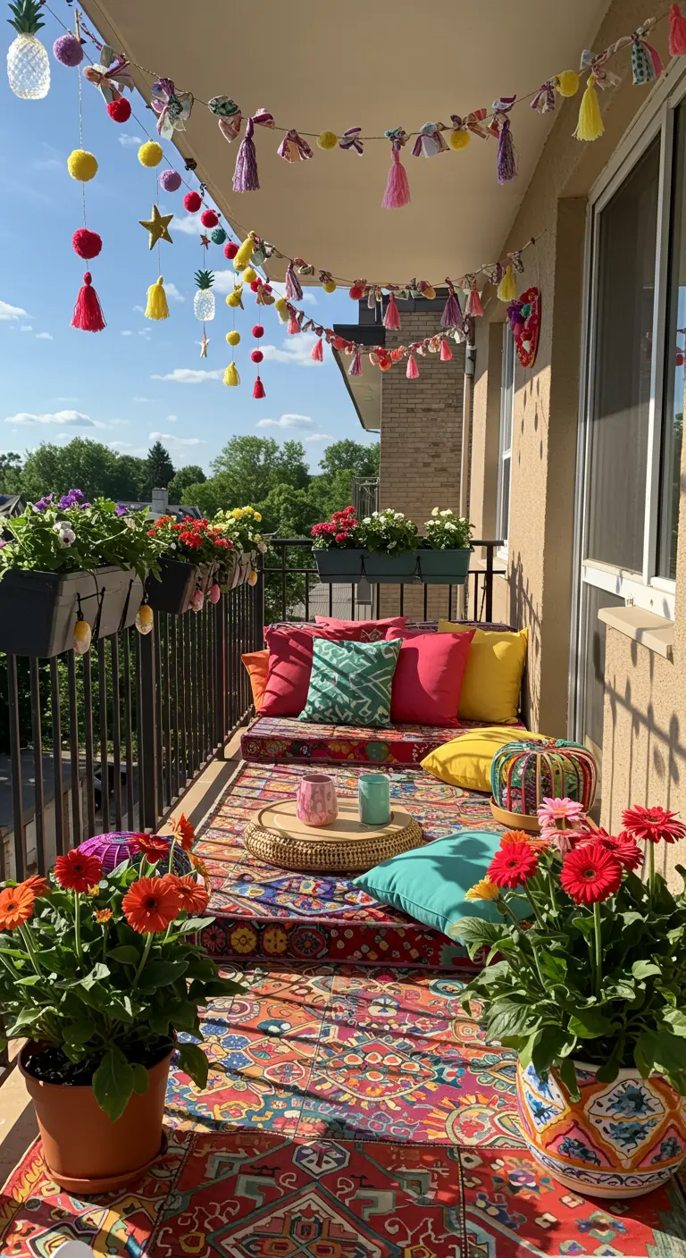 Balcon festif avec guirlandes de pompons, coussins colorés, plantes fleuries et tapis ethnique.
