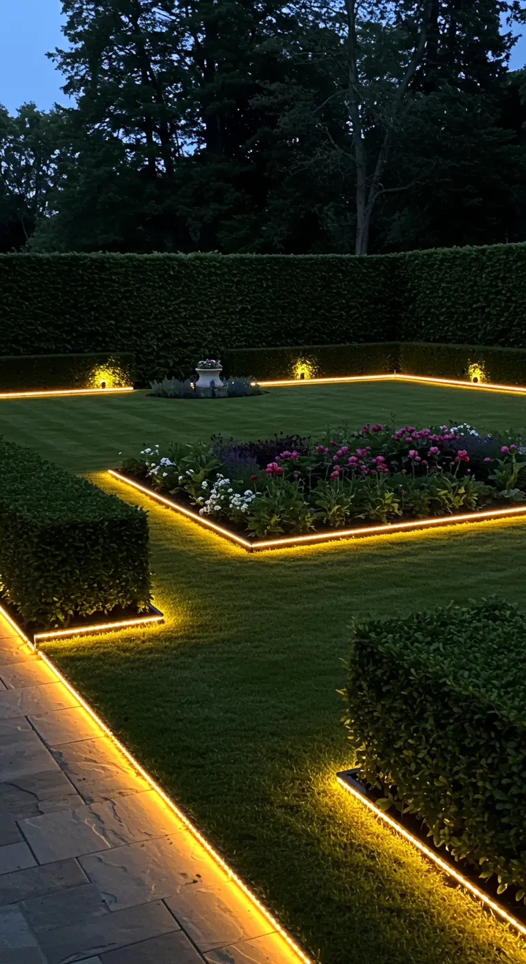 Rubans LED illuminant les bordures de parterres et de chemins dans un jardin formel.