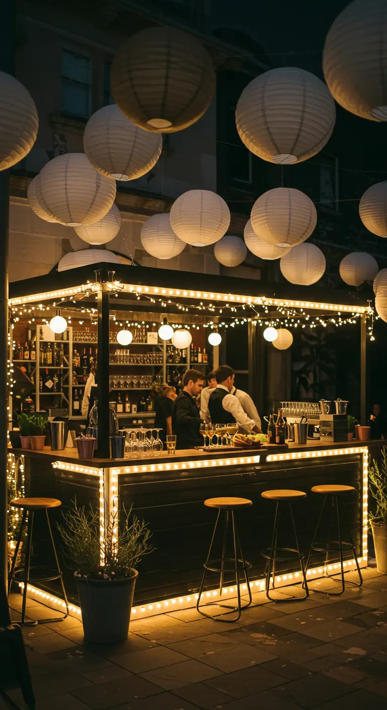 Bar extérieur illuminé par des guirlandes lumineuses et de nombreux lampions blancs suspendus.