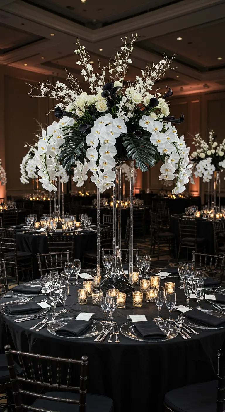 Table ronde noire avec des centres de table hauts d'orchidées blanches et branches noires sur des supports argentés ou transparents.