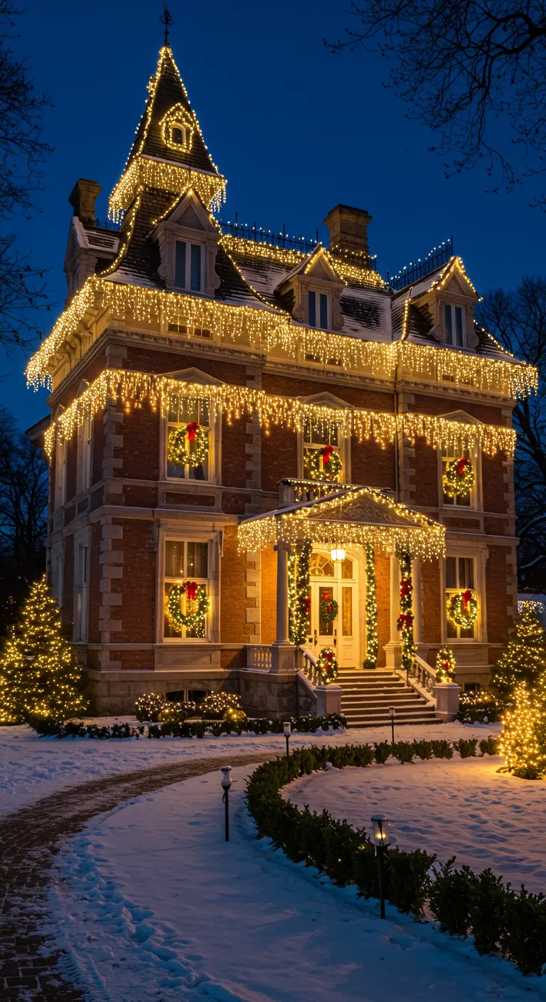Façade d'un manoir historique richement décorée de guirlandes lumineuses et couronnes pour les fêtes.