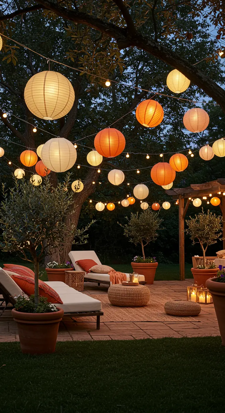 Grand patio extérieur avec chaises longues, oliviers, guirlandes lumineuses et lampions colorés.
