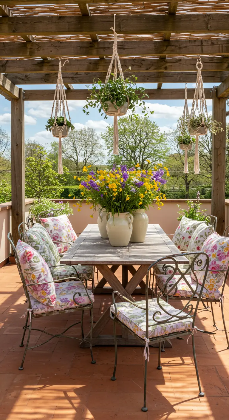 Pergola en bois avec table, chaises fleuries, vases de fleurs colorées et plantes suspendues en macramé.