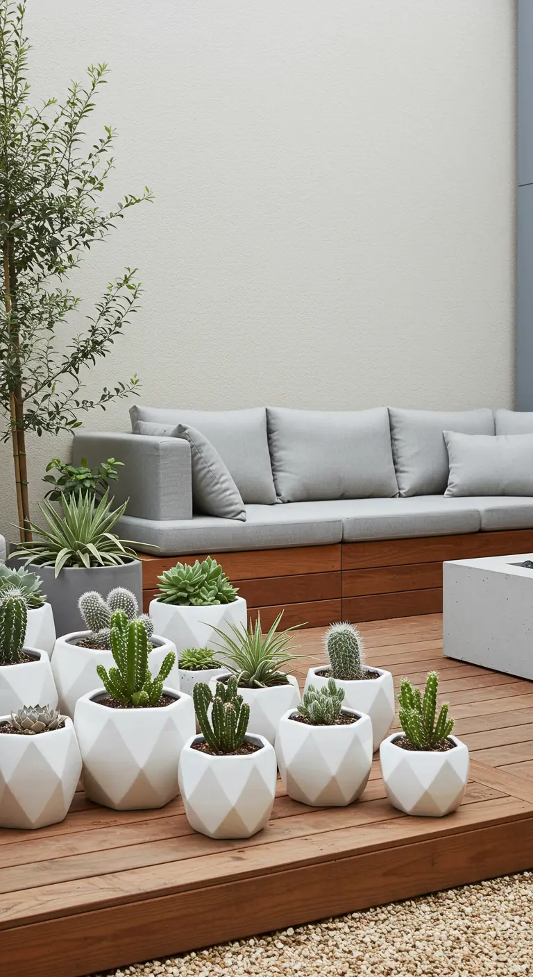 Patio avec de nombreux pots blancs géométriques remplis de succulentes et cactus variés.