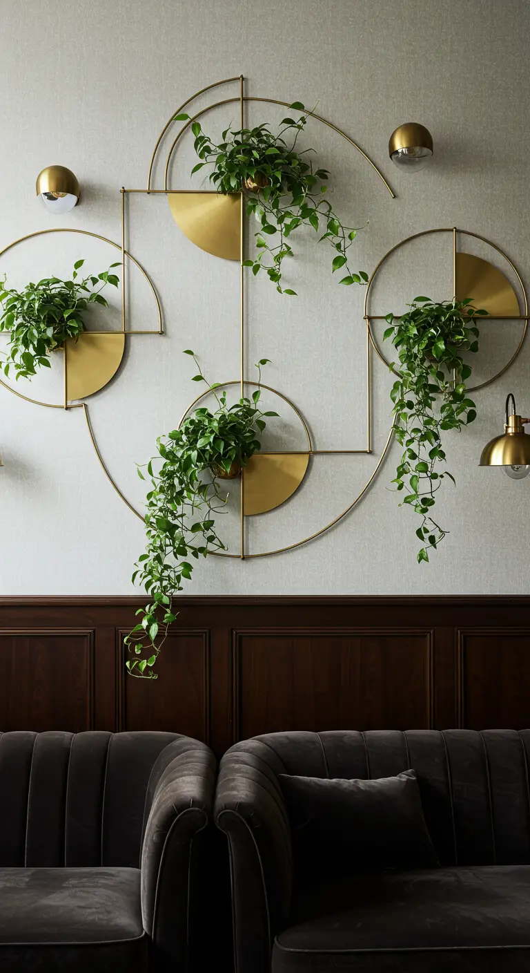Cadres géométriques dorés avec jardinières et plantes vertes sur un mur blanc, ambiance luxueuse.