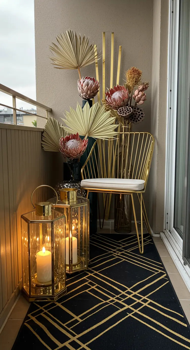 Balcon moderne avec tapis noir et or géométrique, chaise dorée et plantes séchées.