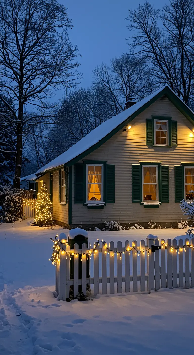 Maison en bois avec volets verts, décorée de guirlandes lumineuses sur le toit et une clôture enneigée.